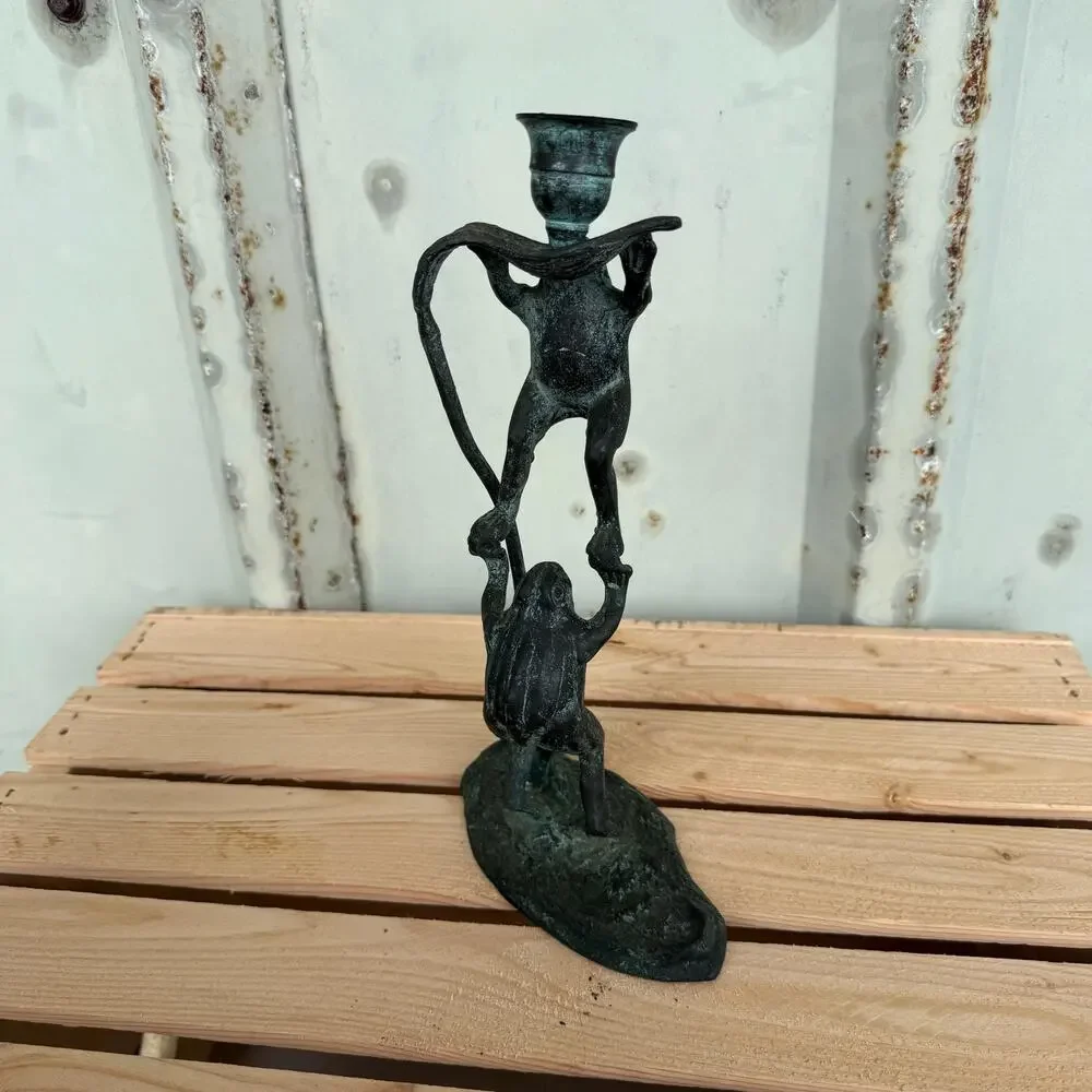 Vintage Bronze Frog on Lily Pad Candleholder